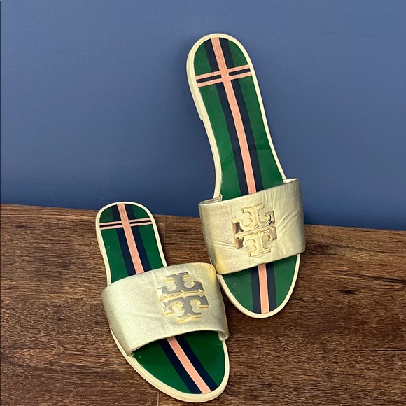 Tory Burch Shoes - Tory Burch Green Gold Slide Sandals